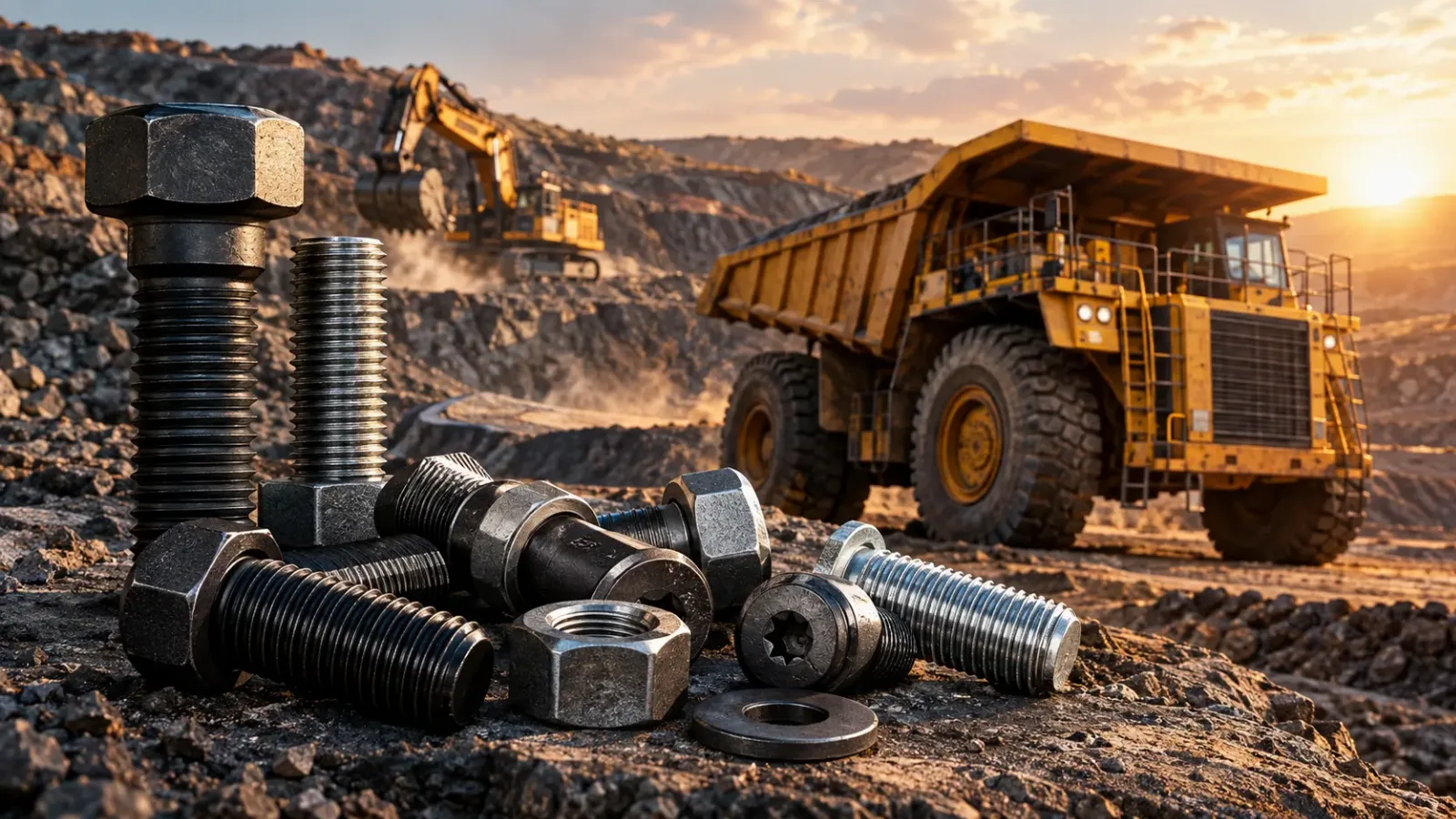 Parafusos industriais de alta resistência em uma mina com equipamentos de mineração ao fundo