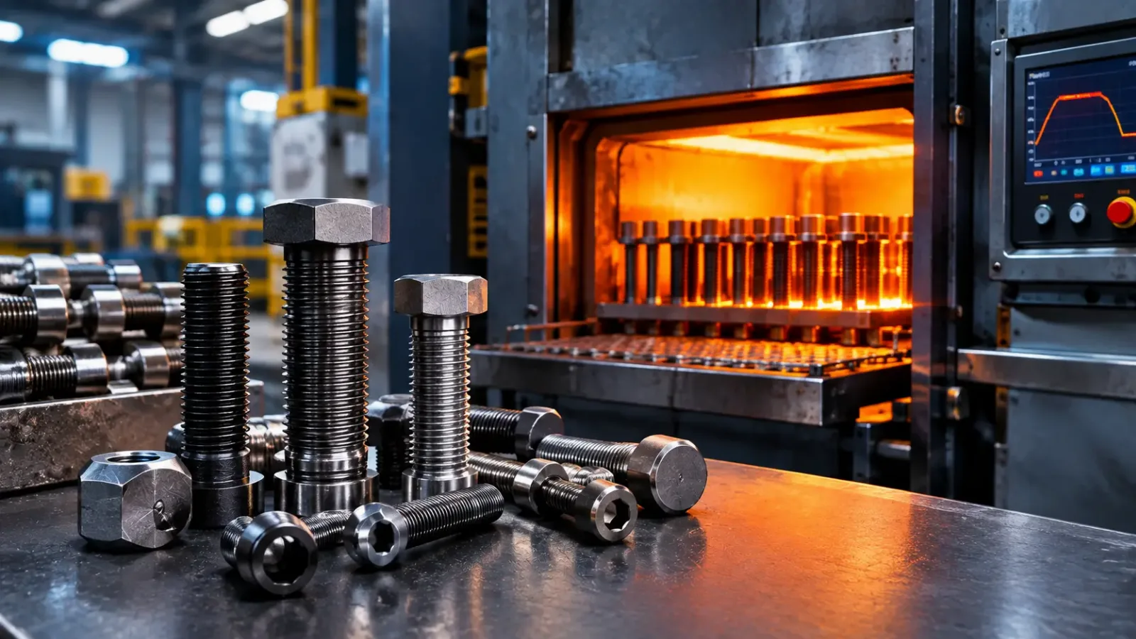 Parafusos industriais próximos a forno de tratamento térmico em fábrica